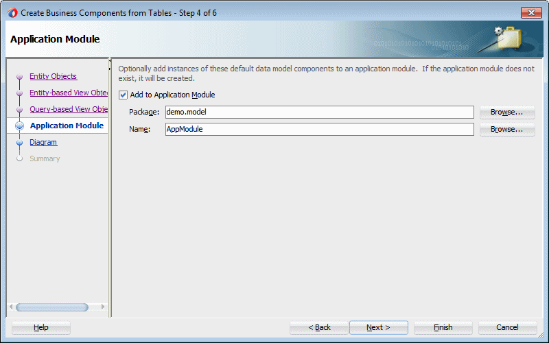 This screenshot shows step 4 of the wizard with option to name and add the application module to the project