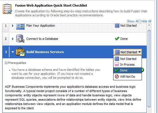 This screenshot shows the dropdown menu on step 3 of the checklist with the option done selected