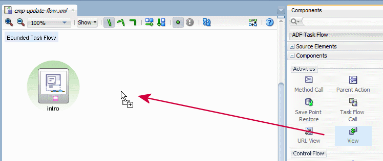This screenshot shows where to drop a second view component from the components window into the diagram surface