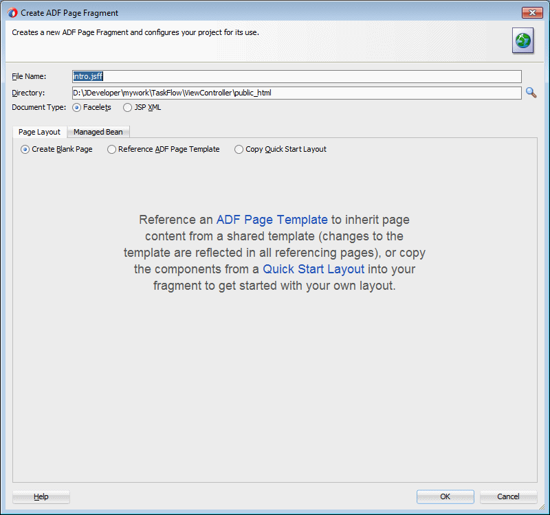 This screenshot shows the dialog with the name of the view highlighted and the default create blank page option selected
