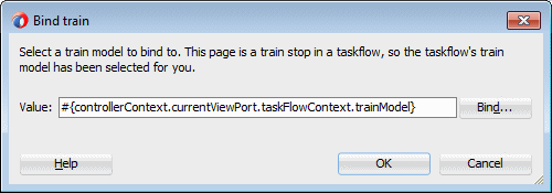 This screenshot shows a dialog with the default E L expression that binds the model to the train component