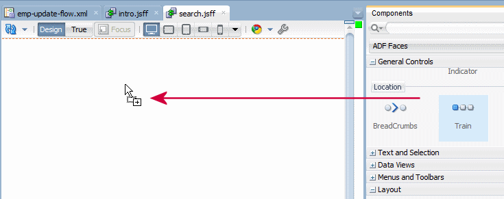 This screenshot shows where to drag and drop the train component from the Components window to the page design surface