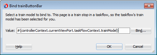 This screenshot shows a dialog with the default E L expression that binds the model to the train button bar component