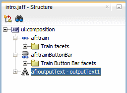 This screenshot shows the Structure window expanded with the new output text component highlighted at the bottom of the page structure