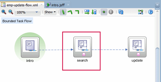 This screenshot shows the search view highlighted in the task flow diagram