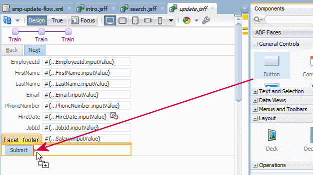 This screenshot shows where to drag and drop a button into the page design surface, next to the Submit button