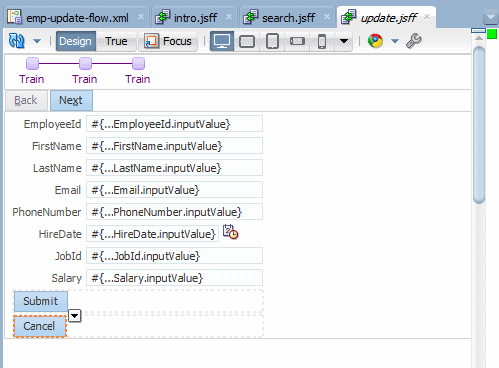This screenshot shows the updated button label in the page design view