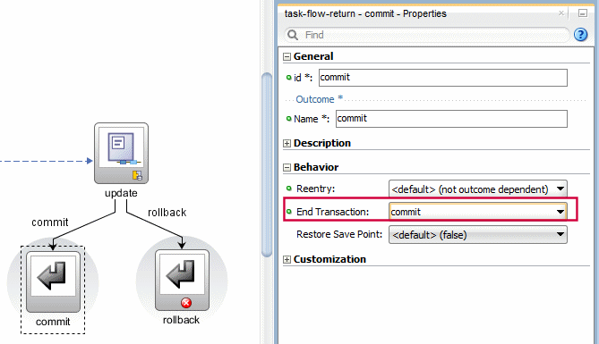 This screenshot shows where to enter commit in the expanded Behavior tab of the Properties window