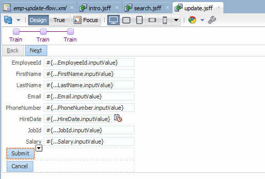 This screenshot shows the page design editor for the update page with the submit button selected