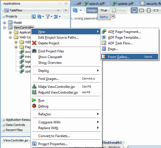 This screenshot shows the right-click menu on the view controller project with the New From Gallery item highlighted