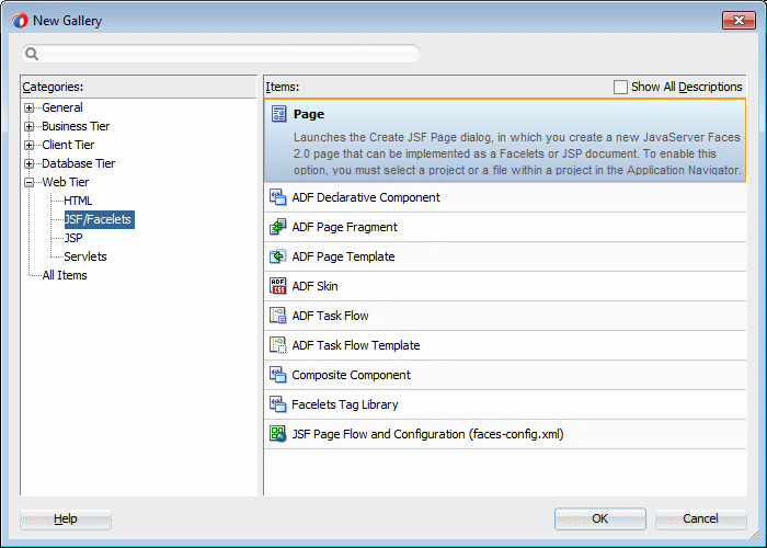 This screenshot shows the JSF Facelets category selected in the left pane and the Page option selected in the right