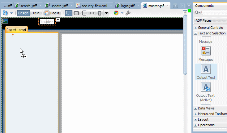This screenshot shows where to drag and drop an output text component into the page template