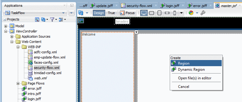 This screenshot shows the task flow selected in the expanded view controller project and a drop menu with the option Region highlighted in the page template