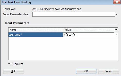 This screenshot shows the dialog with the value entered for the user name input parameter