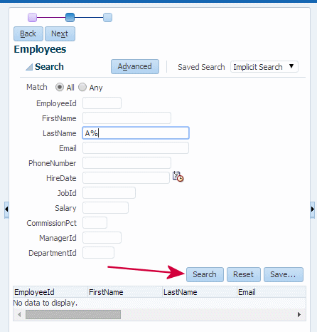 This screenshot shows searching for any employee who starts with the letter a