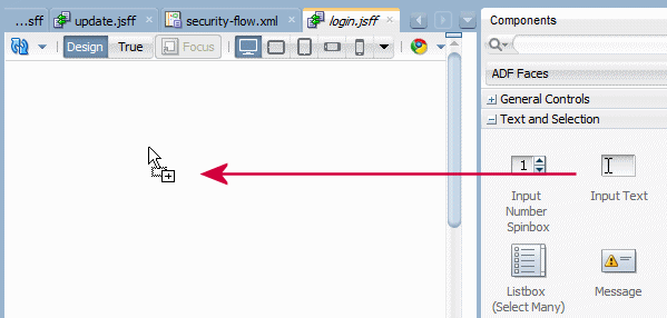 This screenshot shows where to drag and drop the input text component into the page design surface