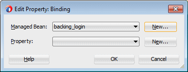 This screenshot shows the dialog with the managed bean dropdown list and the New button next to the list