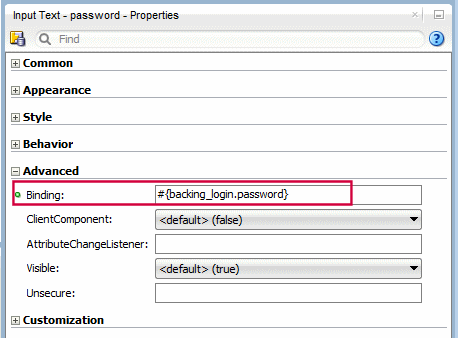 This screenshot shows the default expression for the binding property in the expanded Advanced tab of the Properties window