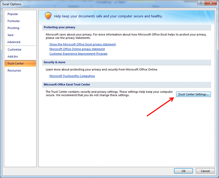 Excel Options window