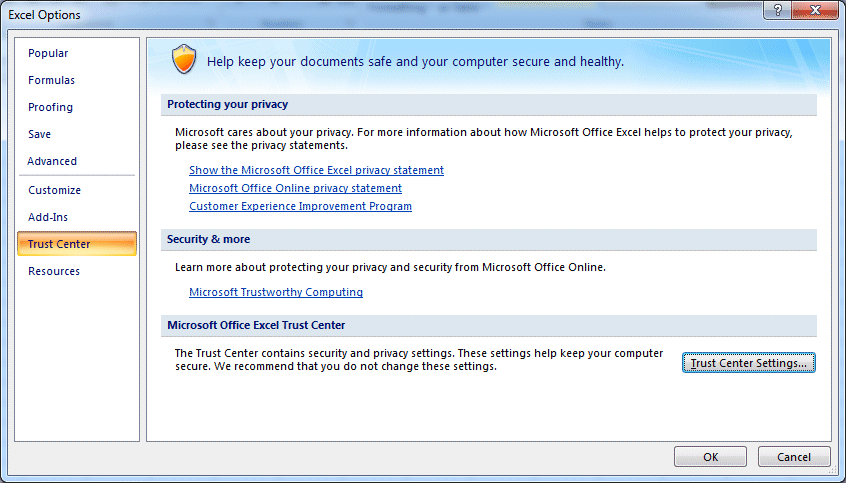 Excel Options window