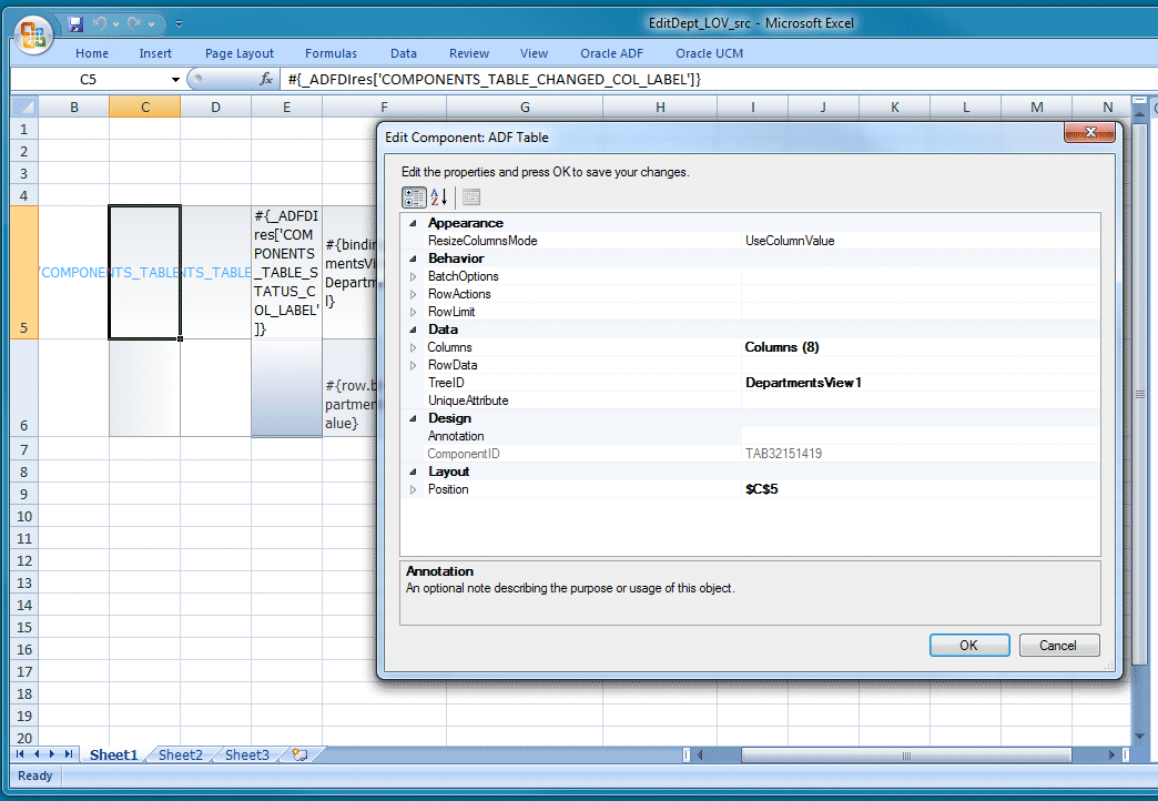 Oracle ADF tab in the Excel ribbon