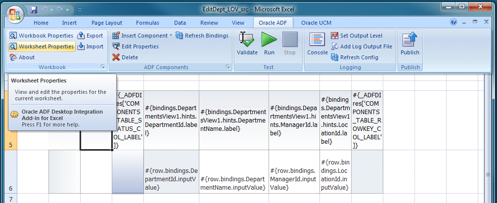 Oracle ADF tab in the Excel ribbon