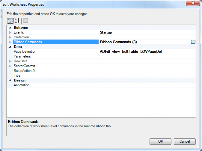 Oracle ADF tab in the Excel ribbon