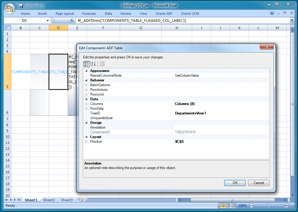 Oracle ADF tab in the Excel ribbon