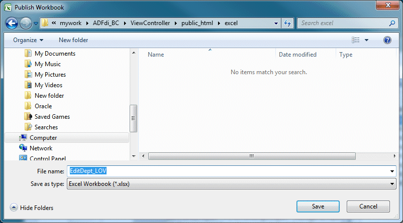 Publish Workbook dialog
