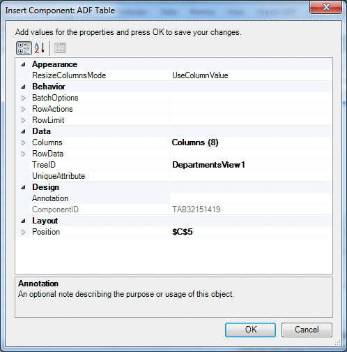 Insert Component: ADF Read-only Table dialog