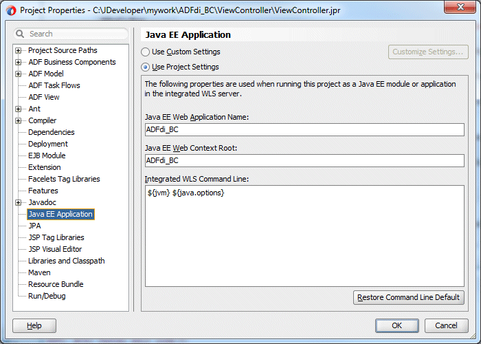 Project Properties dialog