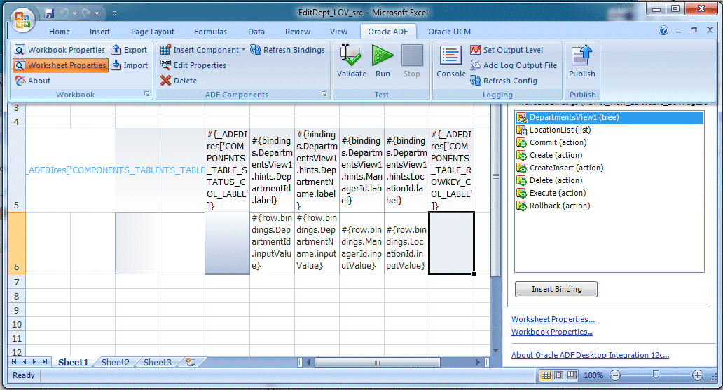 Oracle ADF tab in the Excel ribbon