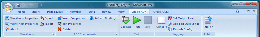 Oracle ADF tab in the Excel ribbon