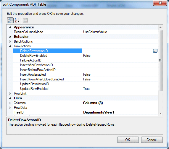 Edit Component: ADF Table dialog