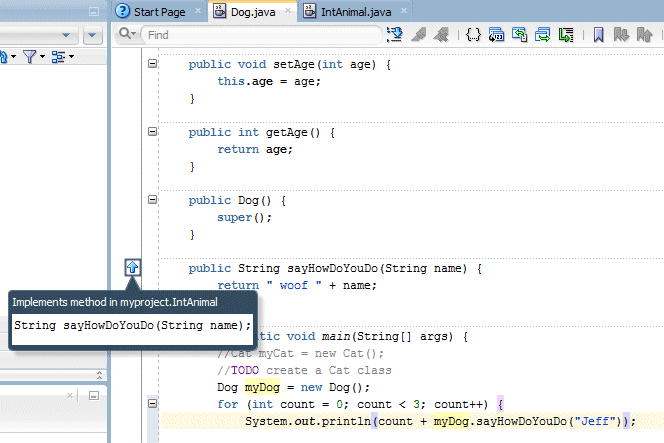 Source editor for Dog class. Cursor is on blue upwards-pointing arrow in the left-hand gutter next to the sayHowDoYouDo method.