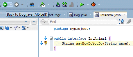 Source editor main menubar. Cursor indicates the green left-facing arrow that, when clicked, takes you back to the Dog class.