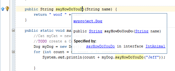Source editor with window over, containing Javadoc information about the  selected method.