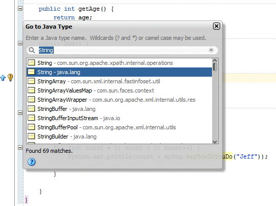 Same window as above with String in the Name field, and then below, a list of String-based classes, and String - java.lang selected in the list.
