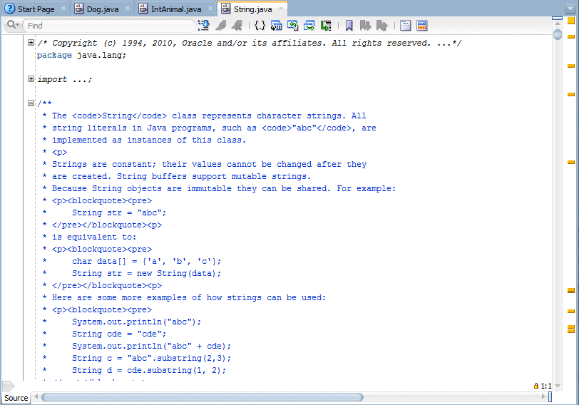 New tab with the source code for the String class.