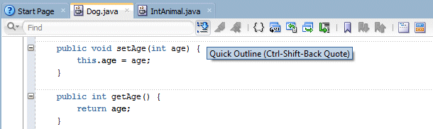 Source editor main menubar: cursor indicating the 'Quick Outline' icon on the toolbar.