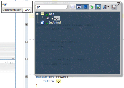 Same window as previous step: 'ge' appears in the Show Methods input box, and the methods of the Dog class are listed.