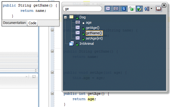 As previous step but with the getName method selected.