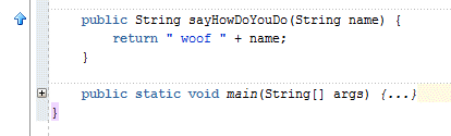 Source editor showing the contracted code from earlier step; cursor is positioned in the ellipsis at the end of method declaration line.