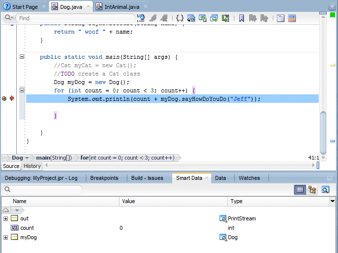 Source editor with breakpoint line in blue and a red arrow at left-hand end of the line.