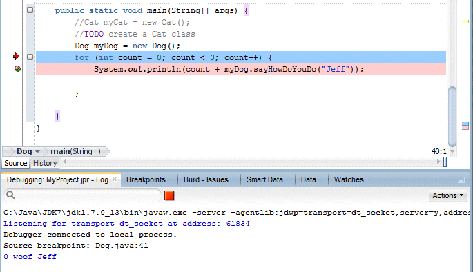 Source editor with Log window open below, showing execution to first breakpoint.