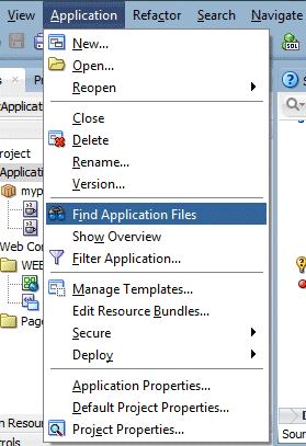Source editor with Application menu option on main menu selected, and then Find Application Files menu item selected.