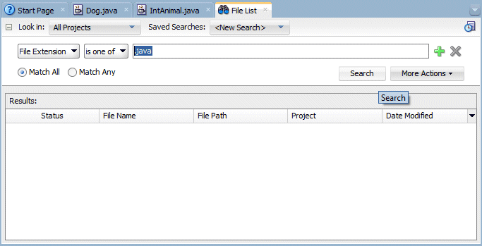 File List tab with .java in the Search field and cursor pointing to Search button.