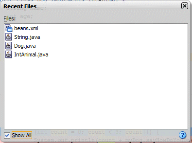 Recent Files dialog box showing the Dog.java and IntAnimal.java files.