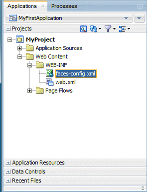 Application Navigator with WEB-INF node expanded and faces-config.xml below it expanded.