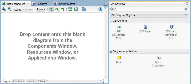 Component Palette to left of page flow diagrammer, displaying components available to be used in a page flow diagram.